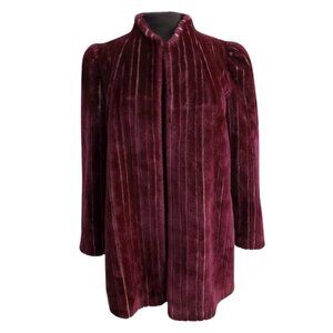 Sasson Faux Fur Coat Burgundy Long Sleeve Open Front Womens Size 10 Vintage